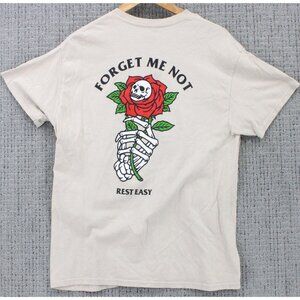 REST EASY Shirt Mens Large L Beige Short Sleeve Forget Me Not Skeleton Art